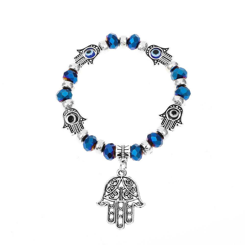 Blue Devil Eye Resin Bead Bracelet with Fatima Palm Pendant