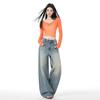 Spring Summer Vintage Cuffed Waist Relax Straight Wide Leg Denim Pants For Ladies Casual Pants Oversize Denim Trousers