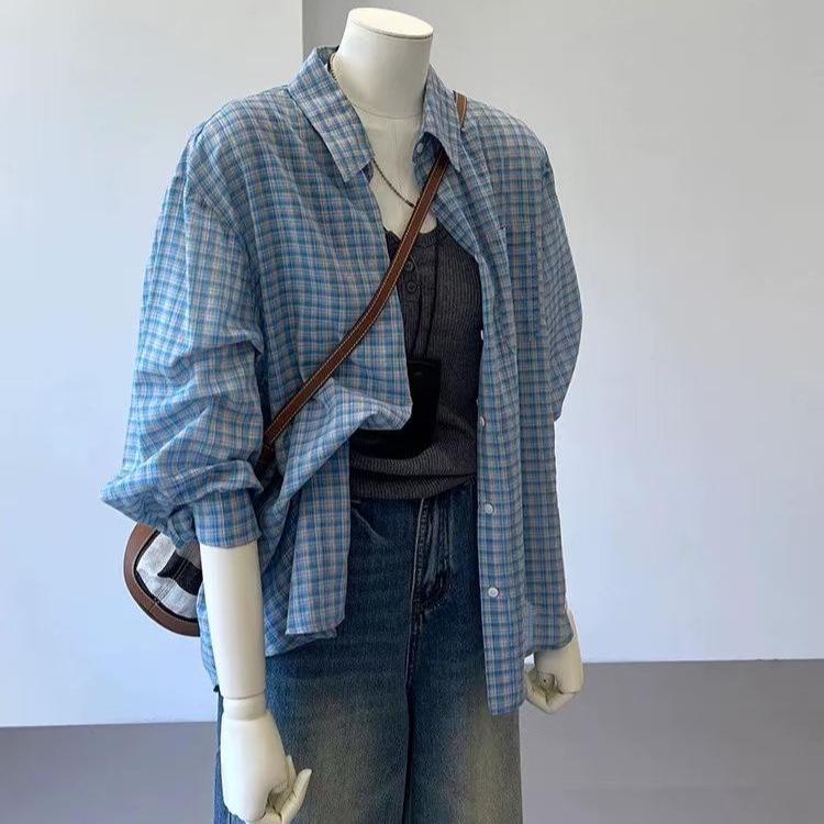 

Women s Blue Plaid Sun Protection Long Sleeve Polo Shirt Cardigan with Turn-Down Collar S