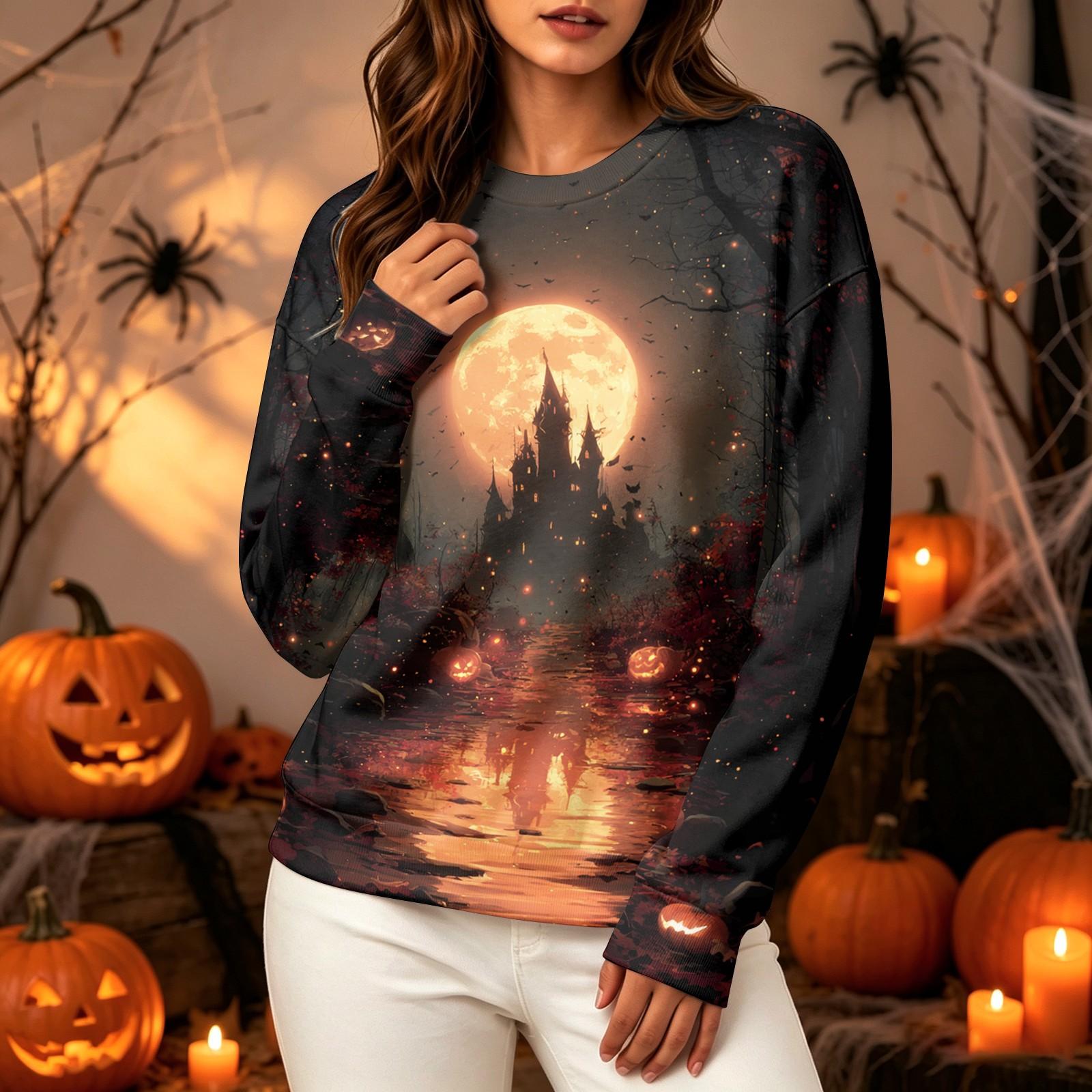 Women s Long Sleeve Halloween Print Neck Sweatshirt, Casual Relaxed Fit Pullover Top XL