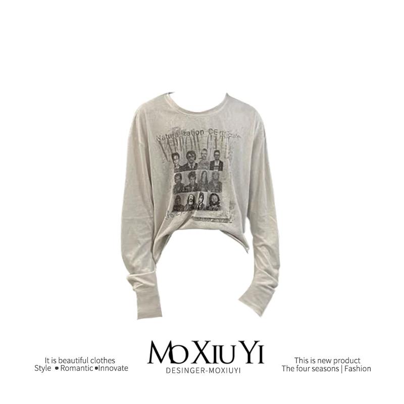 

Mo [ [Same Style for Midnight Snack] Slightly Transparent Rock Wanted Criminal Print Short Width Machete Thin Long Sleeves T-Shirt L