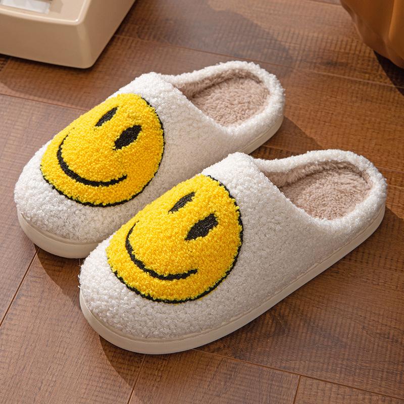 New Towel Embroidery Korean Version Autumn and Winter Indoor Home Wooden Floor TPR Sole Thickened Smiley Cotton Slippers