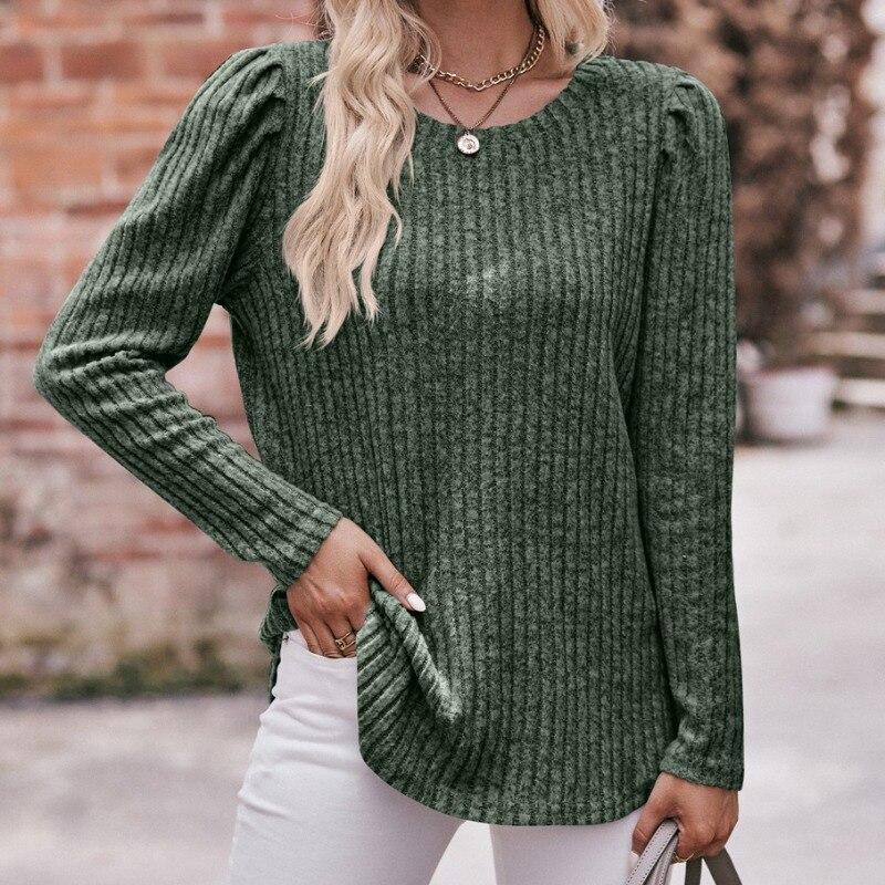 2023 Autumn Loose Tshirt Bubble Sleeve Stripe Shirt Women Office O-Neck Casual Shirt Women Top Solid Top Elegant 28653