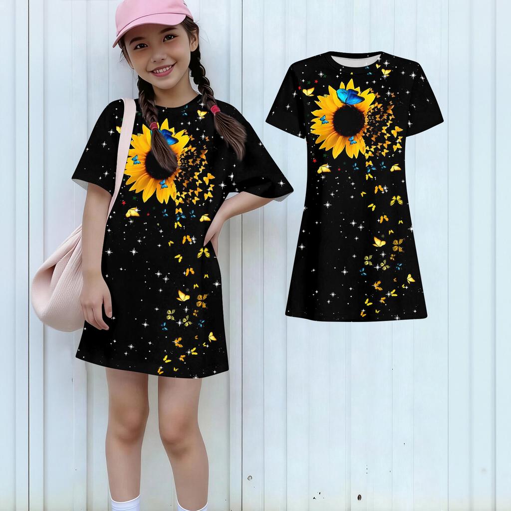 Girls Print Casual Dress Kids Loose Round Neck Short Sleeve Thin Sundress