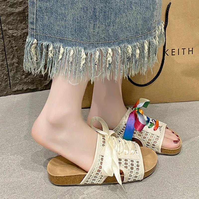 Fashion 2025 New Ladies Shoes Lace-up Women's Slippers Fashion Color Matching Outdoor Casual Summer Plus Size Best Seller Flat Slippers