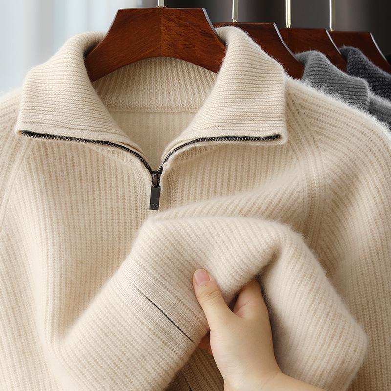 Herren-Cardigan-Pullover aus reiner Wolle mit hohem Kragen und Reißverschluss - Herbst/Winter Dick gestrickt, einfarbig