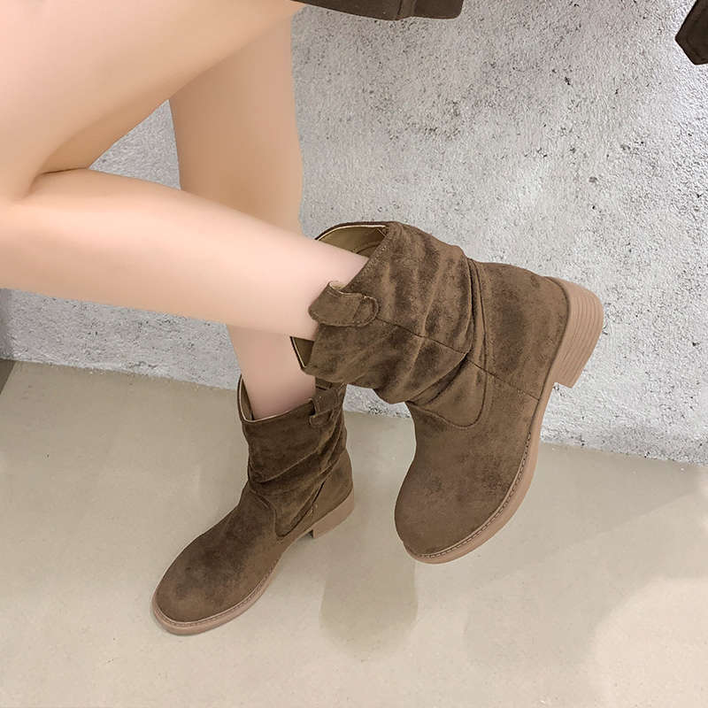Retro Pile Boots Thick Heel Short Boots Women's New Autumn V-mouth Thin Maillard Western Cowboy Martin Boots