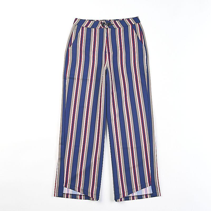 

Korean Style Mid-High Waist Vertical Stripes Wide-Leg Pants Women 34 H81831 Spring and Summer Small Tall Slimming Straight Cropped Pants 1 Blue red strip 27