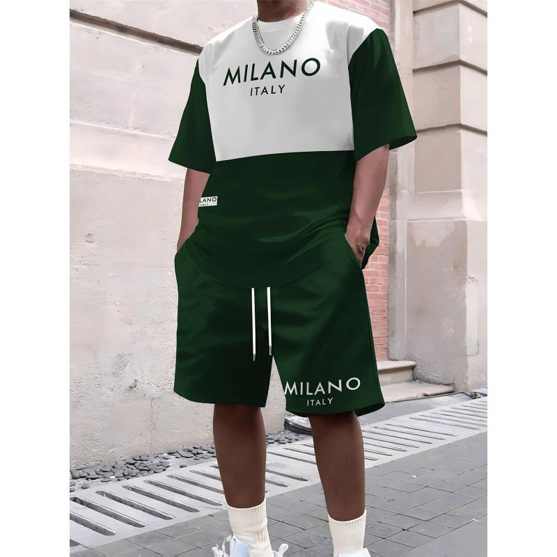 2025 New Summer Men's Letter Printed Comfortable and Breathable Round Neck T-shirt and Shorts Set Solid Color Colo Sportswear