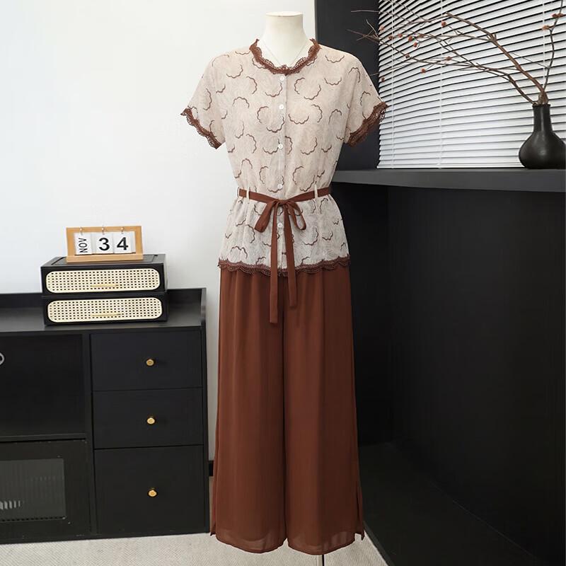 Xuexi Mid-Aged Women s Floral Summer T-Shirt Set 2XL