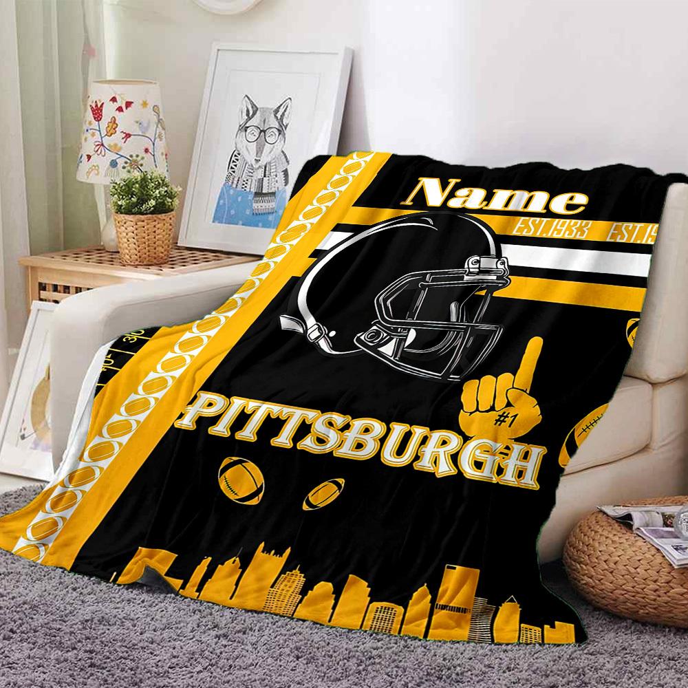 Pittsburgh Steelers Football Helmet And City Skyline Lightweight Customizable Blanket Name Durable Comfort Perfect For Sofa Couch Office Bed Picnics