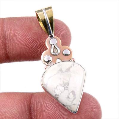 Natural Howlite Gemstone 925 Solid Sterling Silver Two Tone Pendant 1.75" N2r89