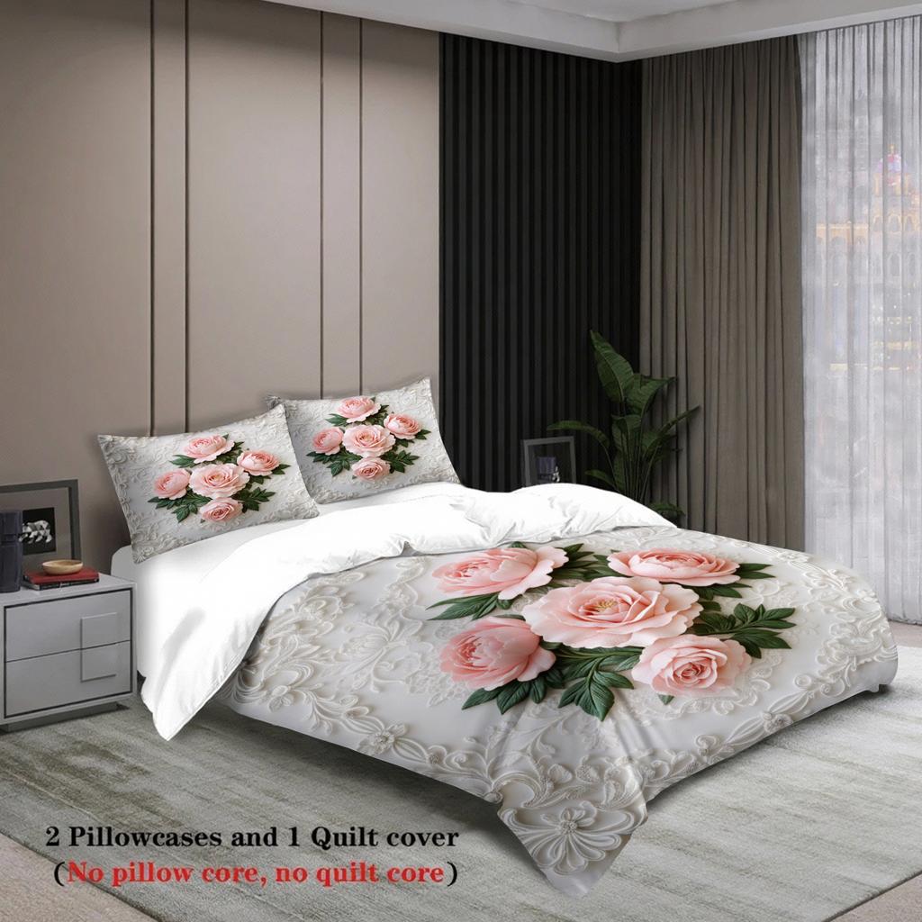 Rose Embroidered Bedding Set White Floral Pattern Bedding With Duvet Cover Pillowcases Wrinkle-Free Fade-Resistant For Bedroom
