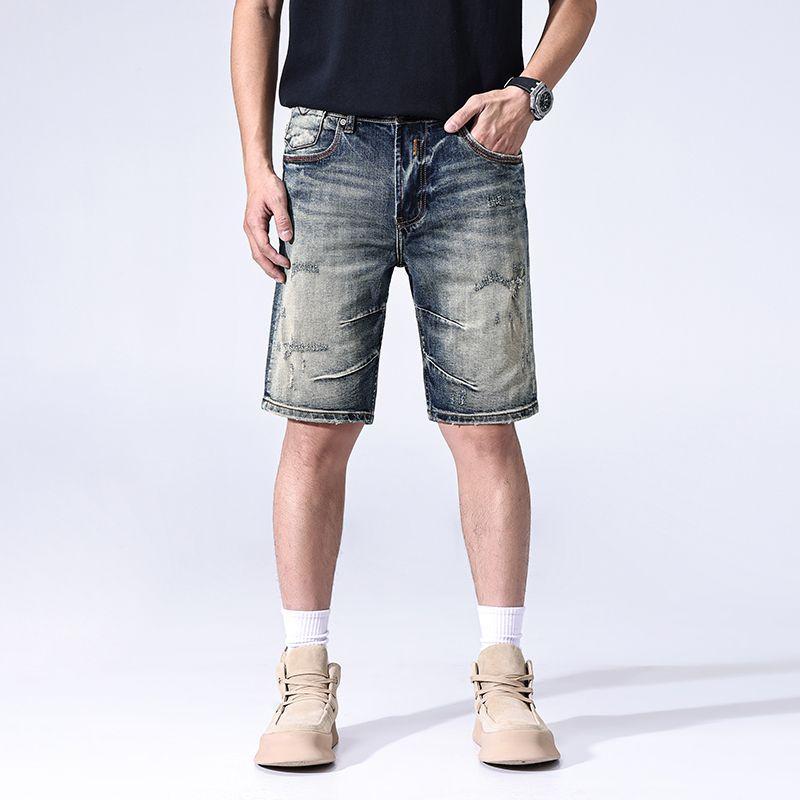 Retro Denim Shorts Summer Slim Straight Mid-pants Casual Ripped Five-point Pants
