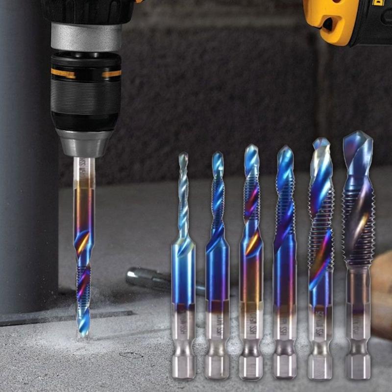 Metric Thread Tap Drill Bits Set 3 To M10 Titaniums Plated HSS Hex Shanks for Wood Plastic Aluminum