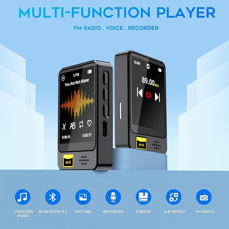 Bluetooth 5.2 MP3 MP4 Player 1.77inch Touch Screen Walkman Player Built-in HD Speaker with 3.5mm Earphone with E-book/FM Radio