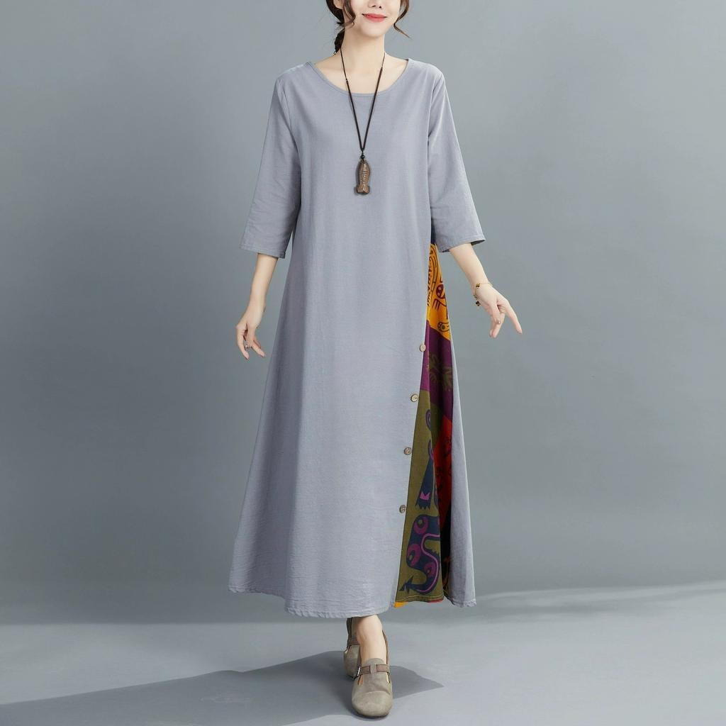 Autumn Retro Floral Round Neck Contrast Color Button Stitching Three-quarter Sleeves