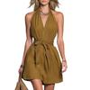 Women's Sleeveless V-Neck Belted Waist Solid Color Dress