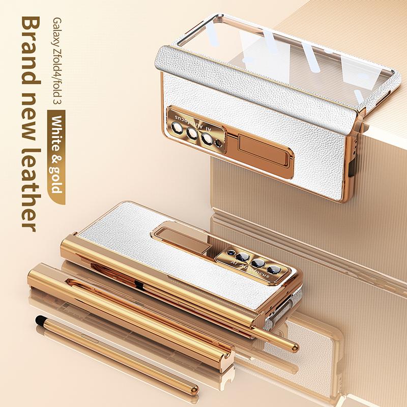 Ebesfous Leather Phone Cases For Samsung Galaxy Z Fold 4 Z Fold 3 5g Hidden Bracket 2 Hinge Cover Plating With S Pen Glass Case