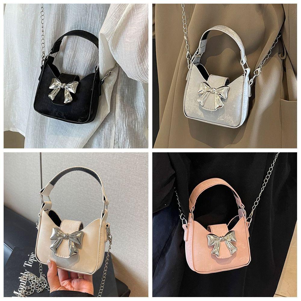 Handbag Bow Buckle PU Bag Pu Leather Women's Shoulder Bag Casual Silver Bucket Bag Storage phone