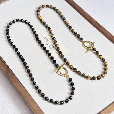 Elegant Tiger Eye & Melanite Beaded Necklace with Stainless Steel OT Buckle - Fashionable Collarbone Chain
