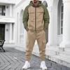 Mens Color Block Raglan Sleeve Hooded Zip Up Cargo Sweatshirt And Jogger Pants Two Piece Set