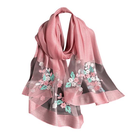 Faux Silk Scarf with Beading Embroidered Crabapple Flower Design Women Versatile Shawl Comfortable Imitation Silk Scarf