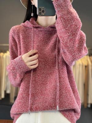 Maglione con cappuccio da donna 100% lana: Felpa con cappuccio, vestibilità larga, snellente, per Autunno/Inverno