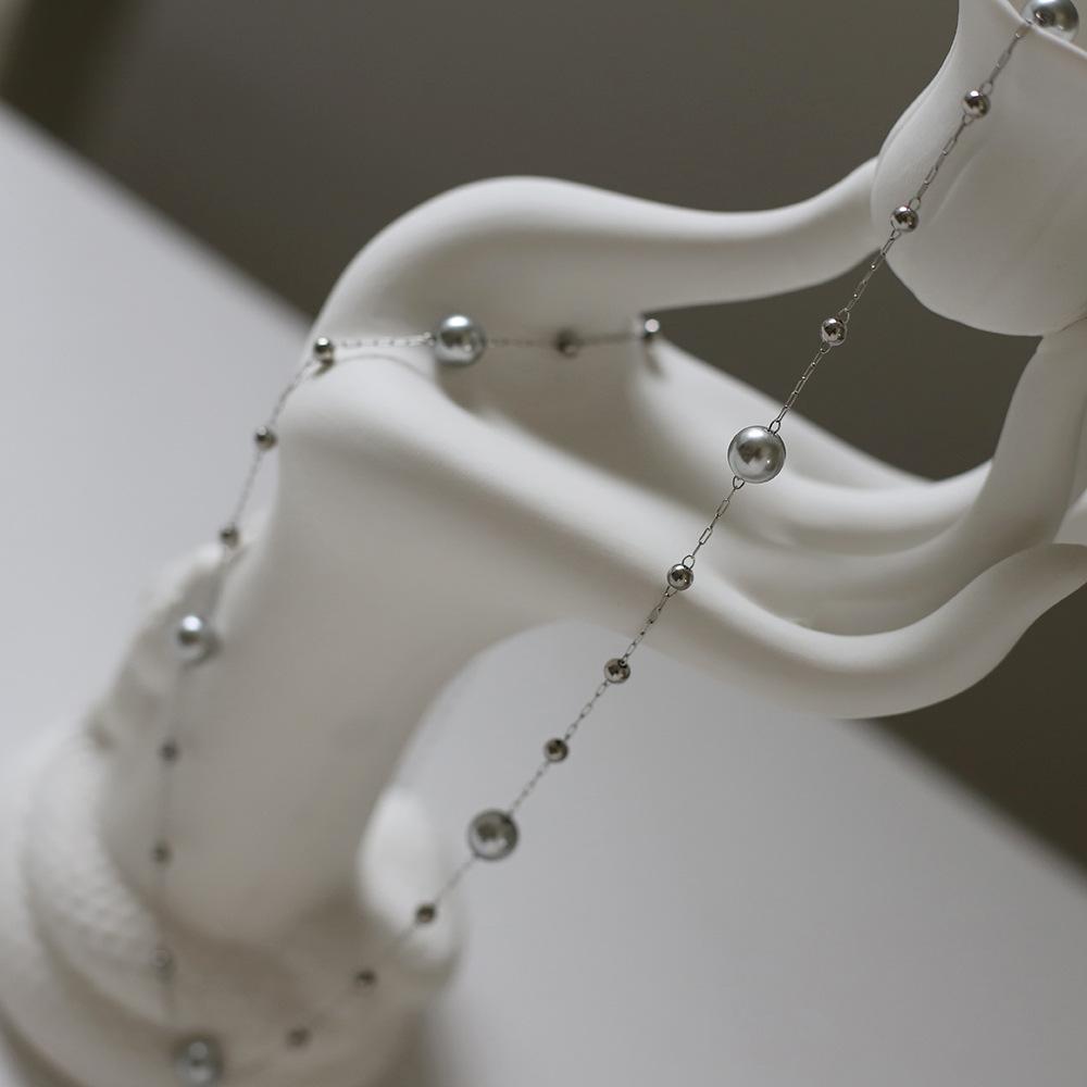 Interstellar Grey Niche Sweater Chain Handmade Necklace Glass Pearl Imitation Multi-hemp Silver Grey Pearl, Titanium Steel