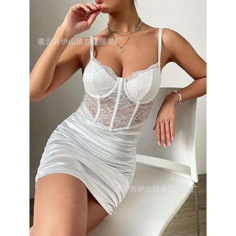 Wind lace fishbone splicing erotic underwear perspective sexy pumping pleated hip-wrapped tight dress