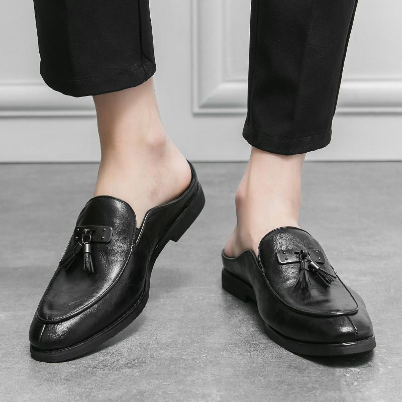 Luxury Designer New Men Black Tassels Half Slippers Shoes Casual Pu Leather Mules Moccasins Breathable Loafers Zapatos Hombre
