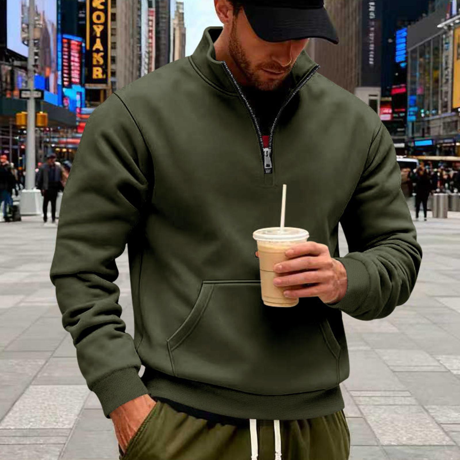 Men s Plush Loose Retro Casual Stand Up Collar Half Zipper Commuting Pocket Hoodie L