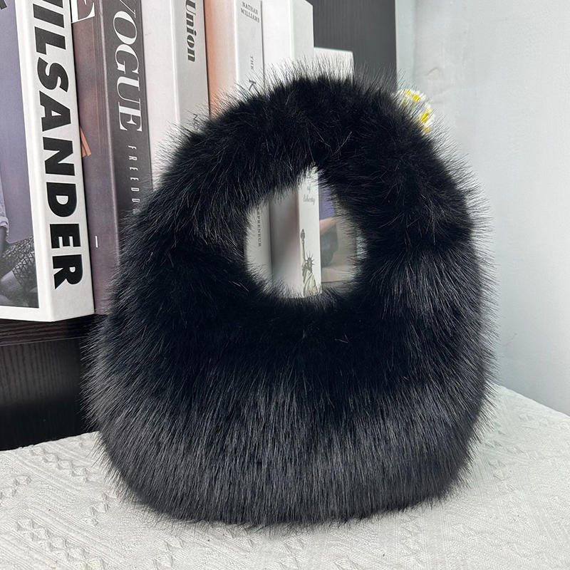 

Winter Shoulder Bags Casual Furry for Women Solid Color Soft Plush Ladies Clutch Purse Handbags Lightweight Female Hobos Bag чорний
