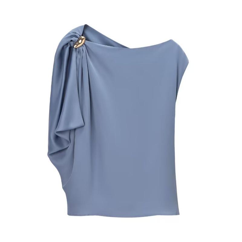 Silk Satin Asymmetrical European-American Textured Autumn Top Large