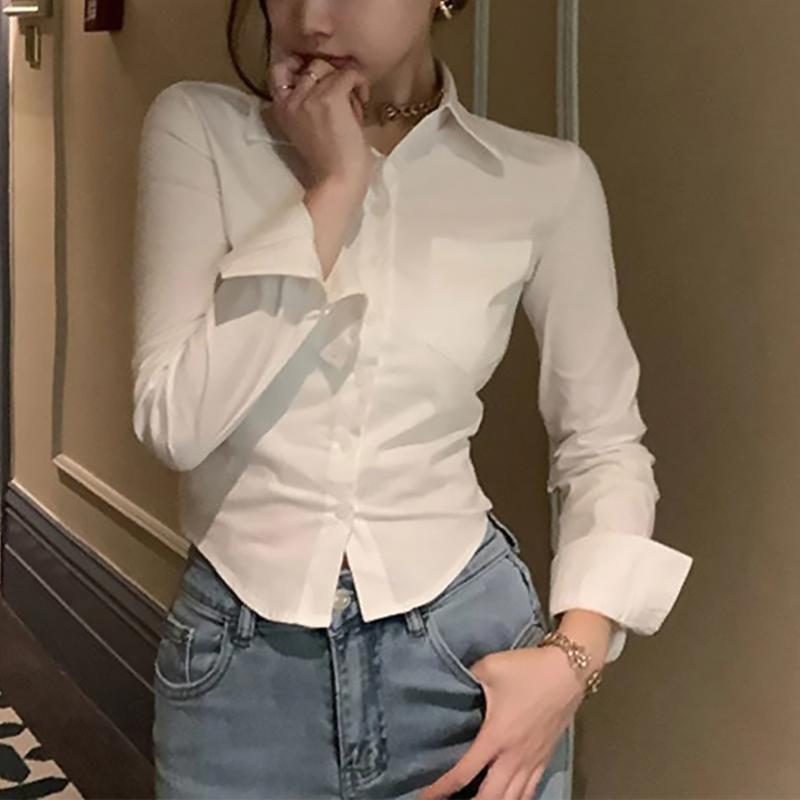 Female Korean White Office Women Chiffon Shirt Pocket Button Lapel Ladies Blouse Spring Commuter Long Sleeve Crop Tops
