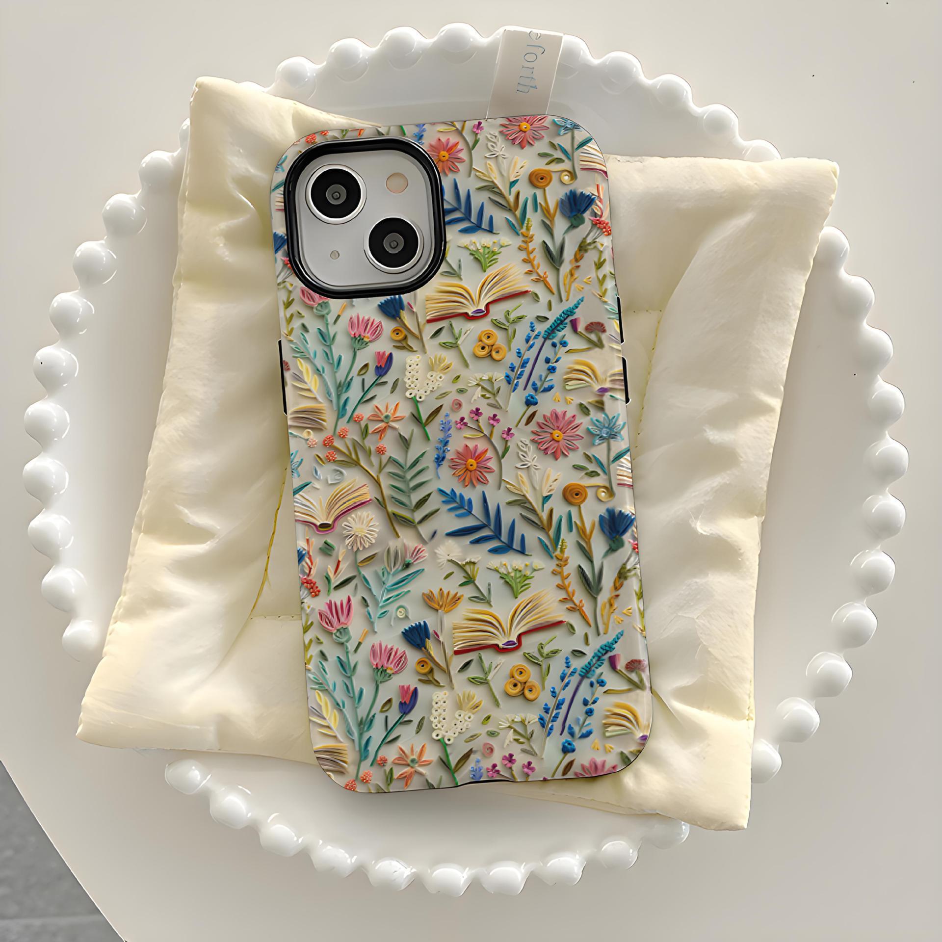 3D Floral Embroidery iPhone16 Pro Max & iPhone 15/11 Case with Double Layer Film Protection iPhone 14 Pro Max