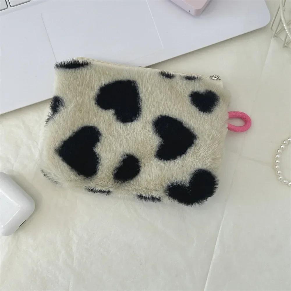 Women Plush Love Lipstick Cosmetic Storage Bag Heart Dot Stripes Leopard Print Clutch Mini Key Coin Purse ID Bag Case