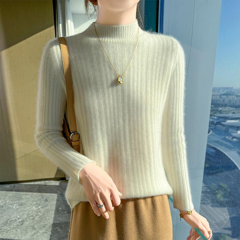 2024 Spring/Autumn Wool Ribbed Knit Sweater with Half-High Neck