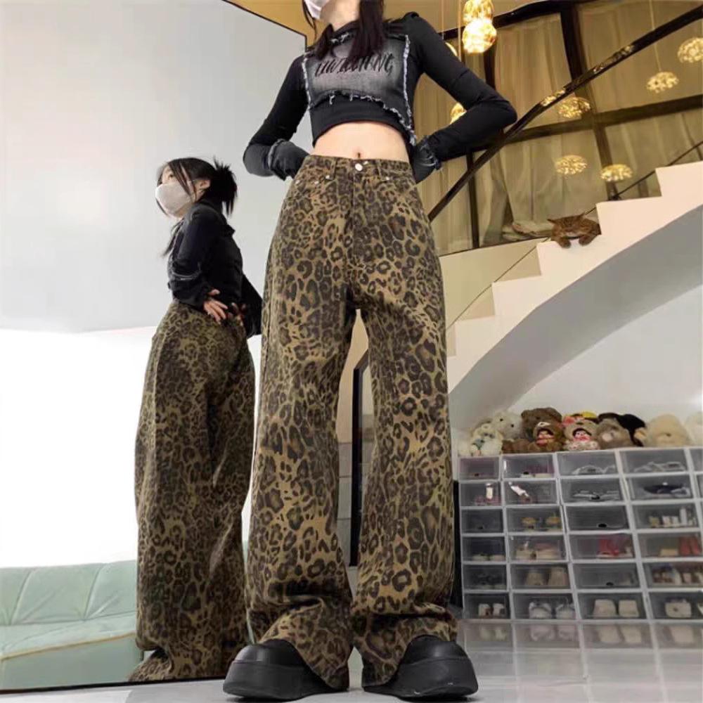 2025 Women's American Retro Leopard Print Jeans - Summer Thin, Casual Wide-Leg Straight Pants for Street Dance