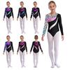 Kids Girls Shiny Rhinestone Dance Leotard Long Sleeve Round Neck Bronzing Cloth Pattern Print for Gymnastics Ballet Practice