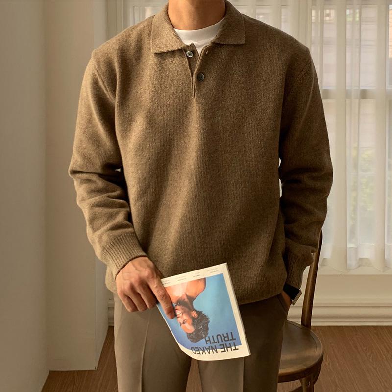 Men's Loose Knit Polo Sweater - Casual Korean Style, Solid Color, Hong Kong-inspired Pullover