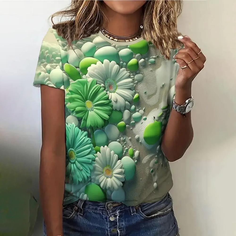 Women  Flower Graphic Print Casual Short Sleeve Crew Neck  Summer Street Fashion Tops Outdoor Clothes