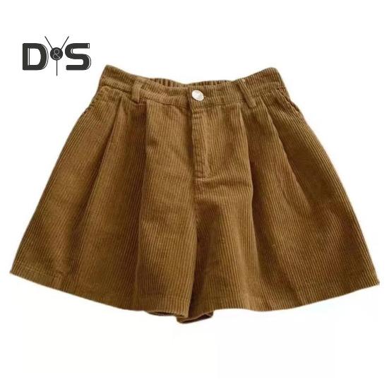 Vintage-Cord-Damen-Shorts, elastisch, hohe Taille, Knopf, Reißverschluss, Shorts, Taschen, weites Bein, kurze Hose