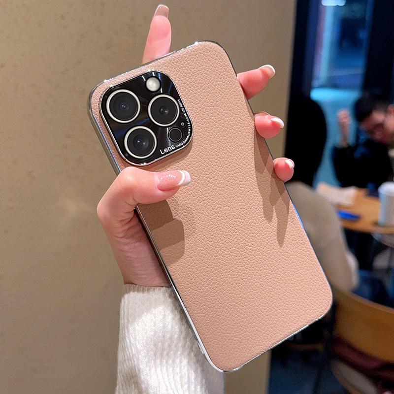 Lichee Leather Pattern Phone Case For Iphone 15 Plus 16 Pro Max Solid Color Protective Plating PC Hard Shell Back Cover