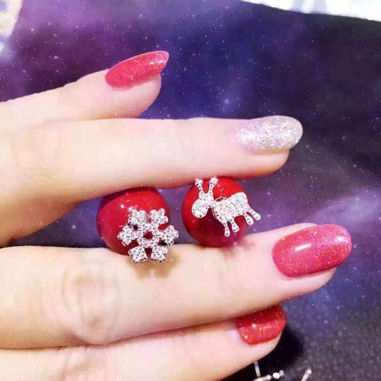Snowflake Reindeer Antler Pearl Stud Earrings 925 Micro-Paved Christmas Gift
