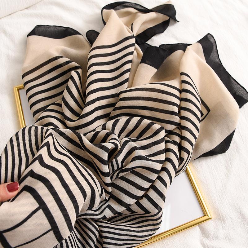 Classic Black White Striped Scarf Elegant Thin Breathable Silky Shawl Spring Summer Sunscreen Soft Beach Towel