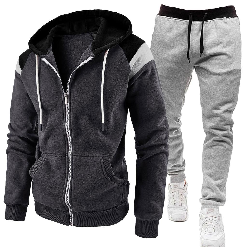 2026 Men's Color Block Contrast Fashion Hoodie Two-Piece Set with Zipper for Autumn and Winter
