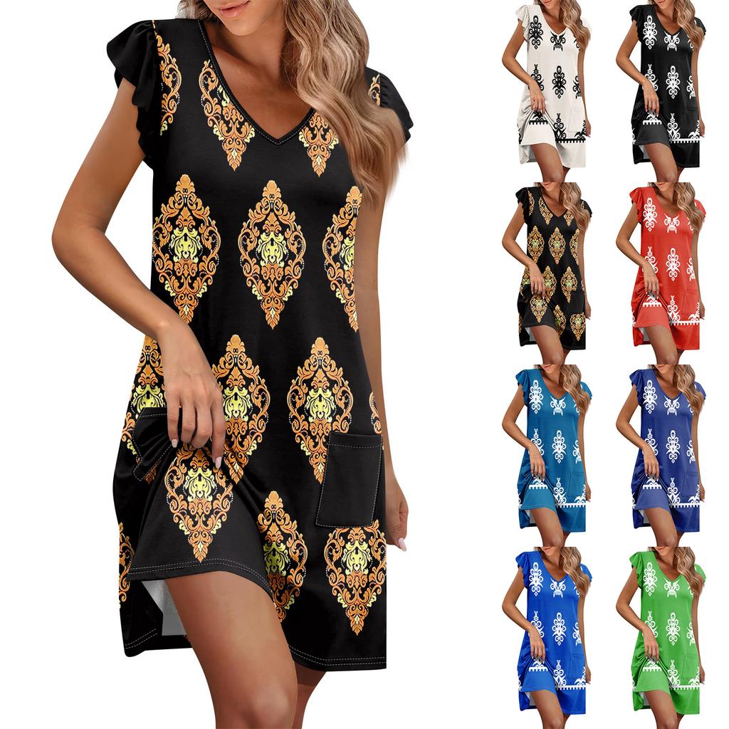 Womens Summer Dress Ruffle Sleeve V Neck Short Dresses Fashion Casual Flowy A Line Swing Sundress With Pocket