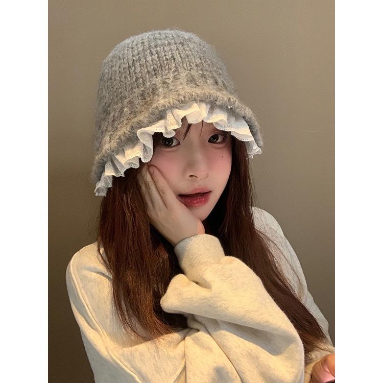 Lace Fisherman Hat for Women In Autumn and Winter Warm Ear Protection Basin Hat  Fashionable Korean Style Face Showing Small Knitted Woolen Hat