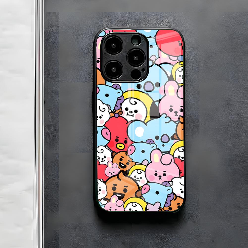 Cute Cartoon B-BT21s Phone Case For IPhone 17 Air 16 E Pro Max 15 14 13 Mini 12 Pro 11 Max Plus Black Glass Cover